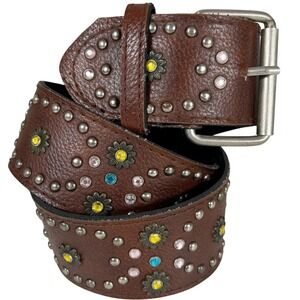 Vintage Rhinestone Studded Belt Brown Leather Flower Studs Western Boho Festival